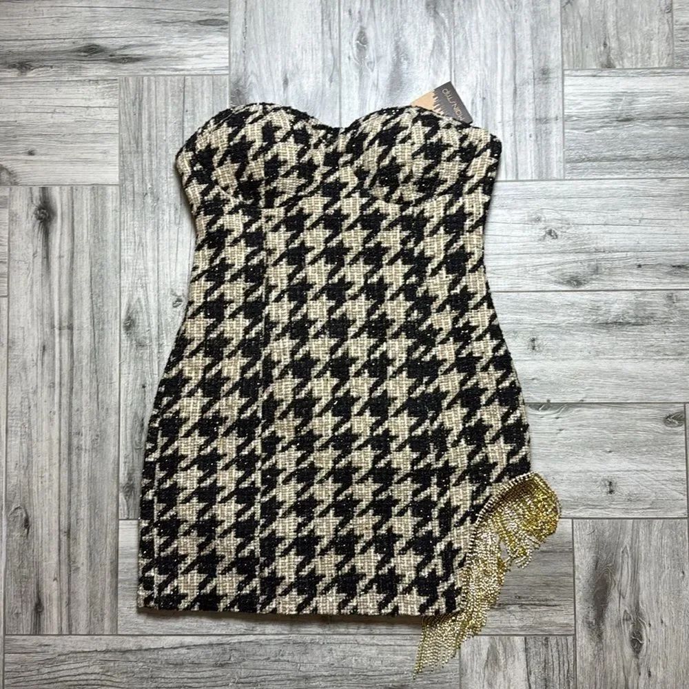 Mainstrip Womens Black Gray Houndstooth Sweetheart Corset Mini Dress Large NWT